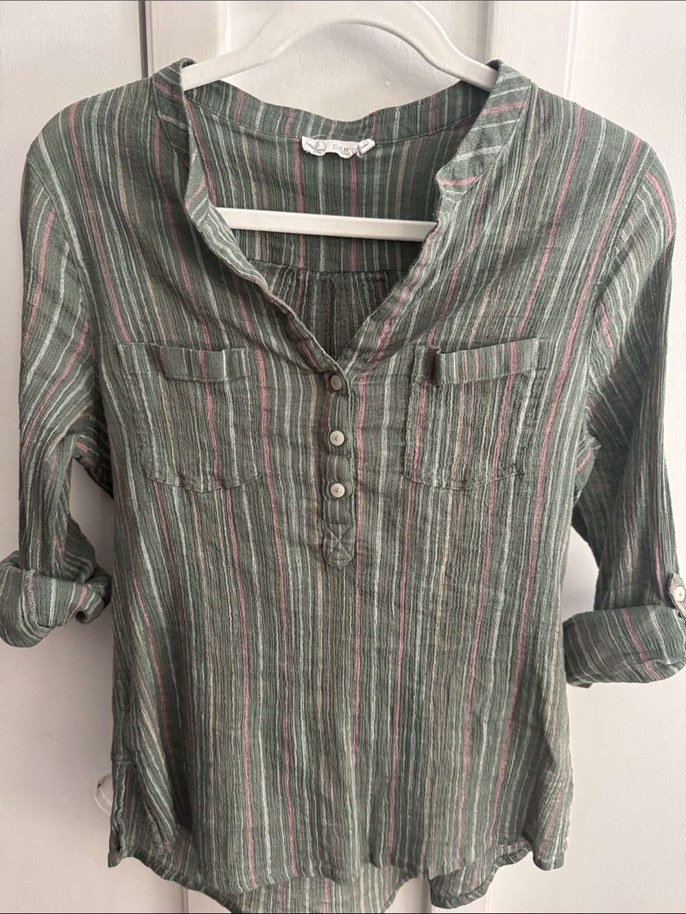 Dylan Gauze Carve Designs Olive Green Striped Button Henley Tunic